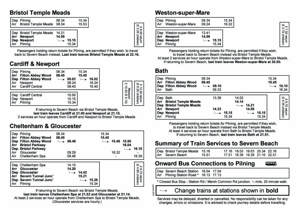 The second part of the Pilning 2018 Train Services and Journey Planner leaflet. This leaflet shows suggested journey plans to Bristol Temple Meads, Cardiff & Newport, Cheltenham & Gloucester, Weston Super Mare and Bath. Unfortunately, this information is (as of May 2019) out of date, and is not currently summarised here. Please contact savepilningstation@gmail.com or National Rail Enquiries for assistance with planning a journey to or from Pilning Station. 