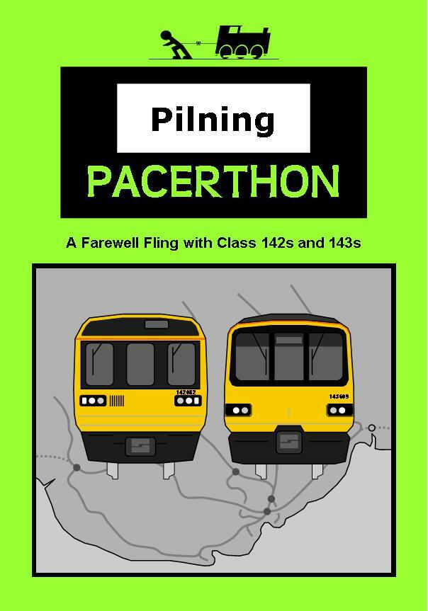 MvT and Pilning Station leaflet: Pilning Pacerthon. A farewell fling with Class 142s and 143s. A pictographic representation of a class 142 and a class 143 is set to the background of a map of the Valley Lines in South Wales.