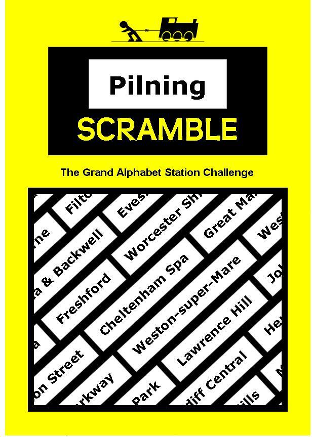 MvT and Pilning station challenge leaflet: Pilning Scramble. The grand Pilning Train Challenge. Leaving on the morning train, visit stations large and small and accumulate points along the way before successfully making it back to Pilning again in the afternoon. The number of points awarded are determined by the initial letter of each visited station's name.