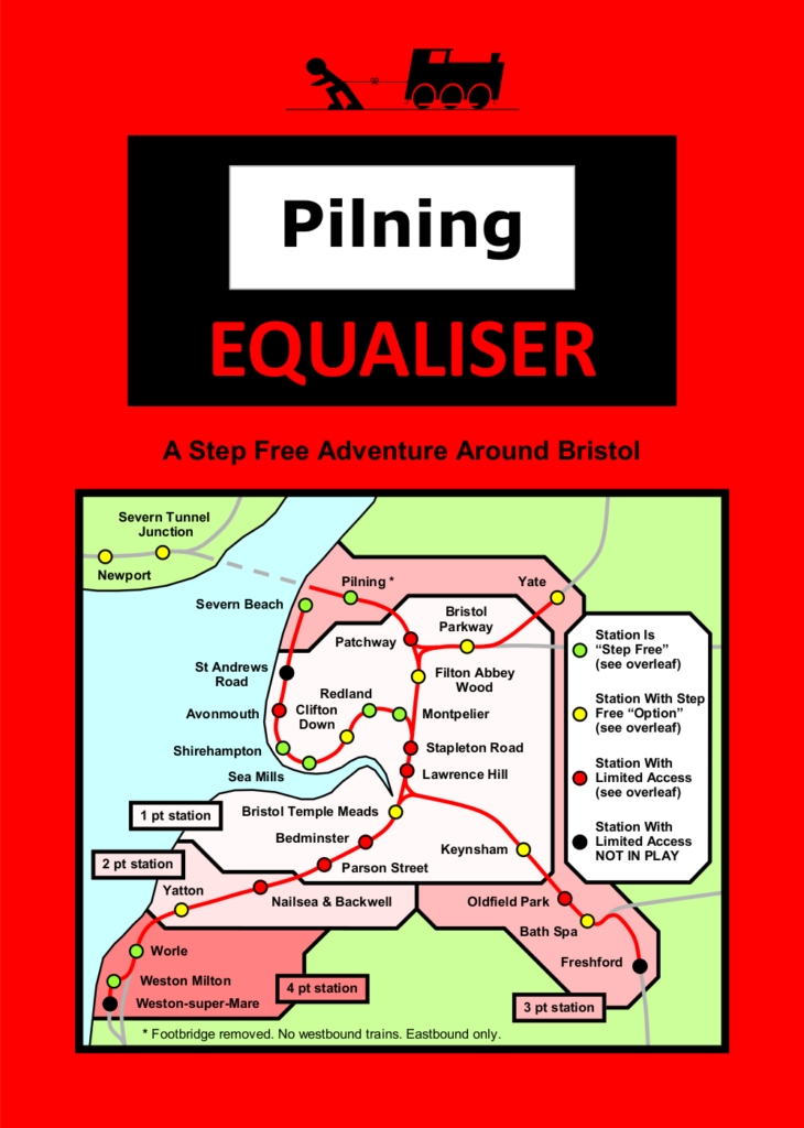 Pilning Equaliser leaflet, front page. Rules follow as alt text in the next image. Man vs Train, Pilning Equaliser. "A step free adventure around Bristol". Illustration shows a map of the Freedom Travelpass Area, annotated with stations eligible, the points available for each and the accessibility status of each. This information is conveyed in tabular format further down this web page.