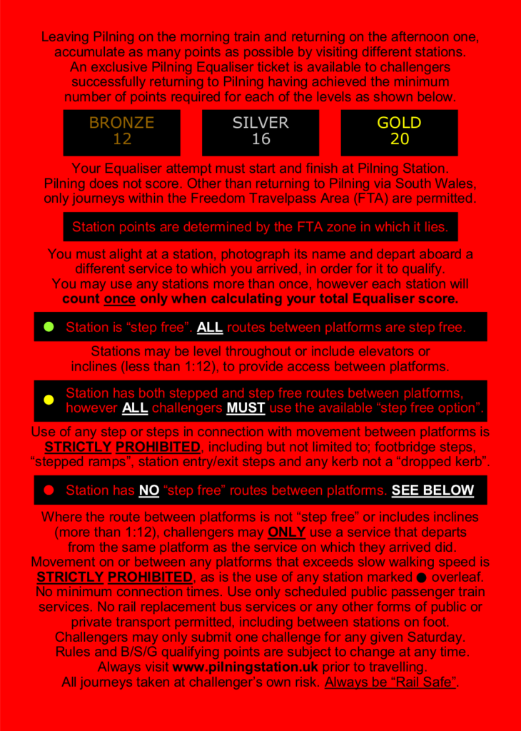 Leaving Pilning on the morning train and returning on the afternoon one, accumulate as many points as possible by visiting different stations. An exclusive Pilning Equaliser ticket is available to challengers successfully returning to Pilning having achieved the minimum number of points required for each of the levels as shown below.

BRONZE: 12  SILVER: 16  GOLD: 20

Your Equaliser attempt must start and finish at Pilning Station. Pilning does not score. Other than returning to Pilning via South Wales, only journeys within the Freedom Travelpass Area (FTA) are permitted.

Station points are determined by the FTA zone in which it lies. You must alight at a station, photograph its name and depart aboard a different service to which you arrived, in order for it to qualify.

You may use any stations more than once, however each station will count once only when calculating your total Equaliser score.

(Individual station accessibility is denoted in a table below these rules)

Stations marked “step free”: ALL routes between platforms are step free. Stations may be level throughout or include elevators or inclines (less than 1:12), to provide access between platforms.

Stations marked "step free option": station has both stepped and step free routes between platforms, however ALL challengers MUST use the available “step free option”. Use of any step or steps in connection with movement between platforms is STRICTLY PROHIBITED, including but not limited to; footbridge steps, “stepped ramps”, station entry/exit steps and any kerb not a “dropped kerb”.

Stations marked "limited access": station has NO “step free” routes between platforms. See note below. Where the route between platforms is not “step free” or includes inclines (more than 1:12), challengers may ONLY use a service that departs from the same platform as the service on which they arrived did. 

Movement on or between any platforms that exceeds slow walking speed is STRICTLY PROHIBITED, as is the use of any station marked "limited access (not in play)". 

No minimum connection times. Use only scheduled public passenger train services. No rail replacement bus services or any other forms of public or private transport permitted, including between stations on foot.

Challengers may only submit one challenge for any given Saturday. Rules and B/S/G qualifying points are subject to change at any time. Always visit www.pilningstation.uk prior to travelling. All journeys taken at challenger’s own risk. Always be “Rail Safe”.