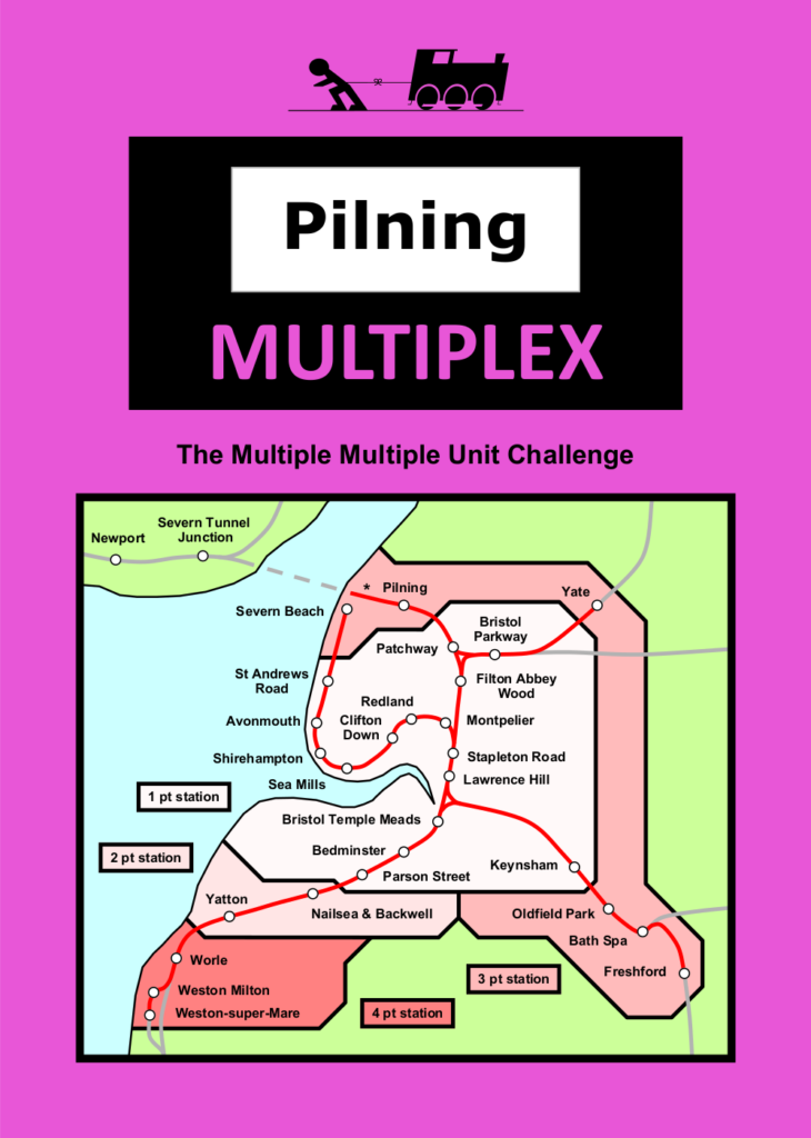 Pilning Multiplex leaflet, front page. Rules follow as alt text in the next image. Man vs Train, Pilning Multiplex. "The multiple multiple unit challenge". Illustration shows a map of the Freedom Travelpass Area, annotated with stations eligible, and the points available for each. This information is conveyed in tabular format further down this web page.