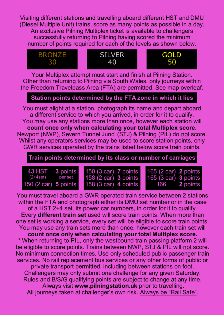 Visiting different stations and travelling aboard different HST and DMU (Diesel Multiple Unit) trains, score as many points as possible in a day. An exclusive Pilning Multiplex ticket is available to challengers successfully returning to Pilning having scored the minimum number of points required for each of the levels as shown below.

GOLD: 50  SILVER: 40  BRONZE: 30

Your Multiplex attempt must start and finish at Pilning Station. Other than returning to Pilning via South Wales, only journeys within the Freedom Travelpass Area (FTA) are permitted. See map overleaf.

Station points determined by the FTA zone in which it lies. (this is detailed in tabular format further down this web page)
 
You must alight at a station, photograph its name and depart aboard a different service to which you arrived, in order for it to qualify. You may use any stations more than once, however each station will count once only when calculating your total Mulitiplex score.

Newport (NWP), Severn Tunnel Junc’ (STJ) & Pilning (PIL) do not score. Whilst any operators services may be used to score station points, only GWR services operated by the trains listed below score train points.

Train points determined by its class or number of carriages:

43 HST (2+4set): 3 points per set
2-car 150: 5 points
3-car 150: 7 points
2-car 158: 3 points
3-car 158: 4 points
2-car 165: 2 points
3-car 165: 3 points
Class 166: 2 points

You must travel aboard a GWR operated train service between 2 stations within the FTA and photograph either its DMU set number or in the case of a HST 2+4 set, its power car numbers, in order for it to qualify.

Every different train set used will score train points. When more than one set is working a service, every set will be eligible to score train points. You may use any train sets more than once, however each train set will count once only when calculating your total Mulitiplex score.

When returning to Pilning, only the westbound train passing platform 2 will be eligible to score points. Trains between Newport, Severn Tunnel Junction and Pilning will not score.

No minimum connection times. Use only scheduled public passenger train services. No rail replacement bus services or any other forms of public or private transport permitted, including between stations on foot.

Challengers may only submit one challenge for any given Saturday. Rules and B/S/G qualifying points are subject to change at any time. Always visit www.pilningstation.uk prior to travelling. All journeys taken at challenger’s own risk. Always be “Rail Safe”.

