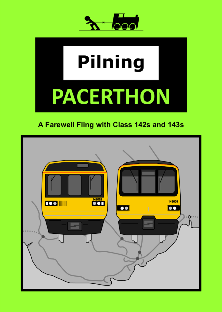 MvT and Pilning Station leaflet: Pilning Pacerthon. A farewell fling with Class 142s and 143s. A pictographic representation of a class 142 and a class 143 is set to the background of a map of the Valley Lines in South Wales.