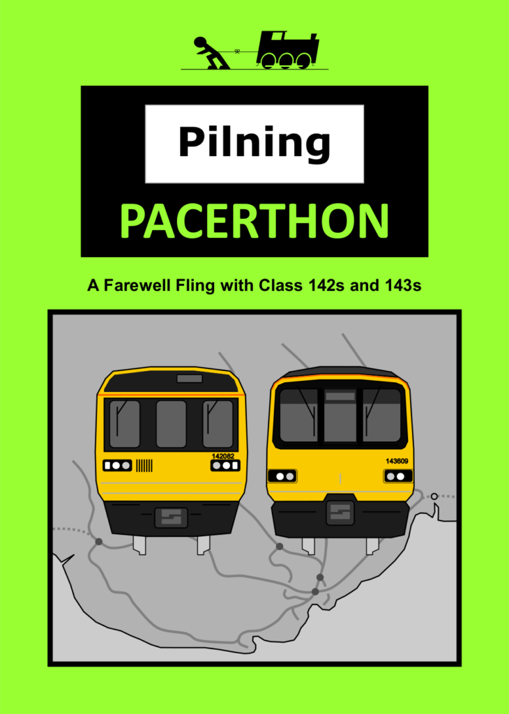 MvT and Pilning Station leaflet: Pilning Pacerthon. A farewell fling with Class 142s and 143s. A pictographic representation of a class 142 and a class 143 is set to the background of a map of the Valley Lines in South Wales. 