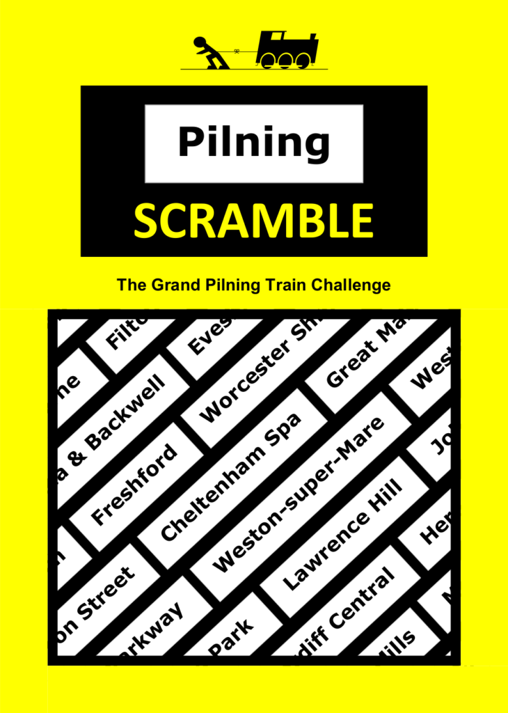 Pilning Scramble leaflet, front page. Rules follow as alt text in the next image. Man vs Train, Pilning Scramble. "The Grand Pilning Train Challenge". Illustration of a number of train stations reachable from Pilning as bricks in a wall, set diagonally.